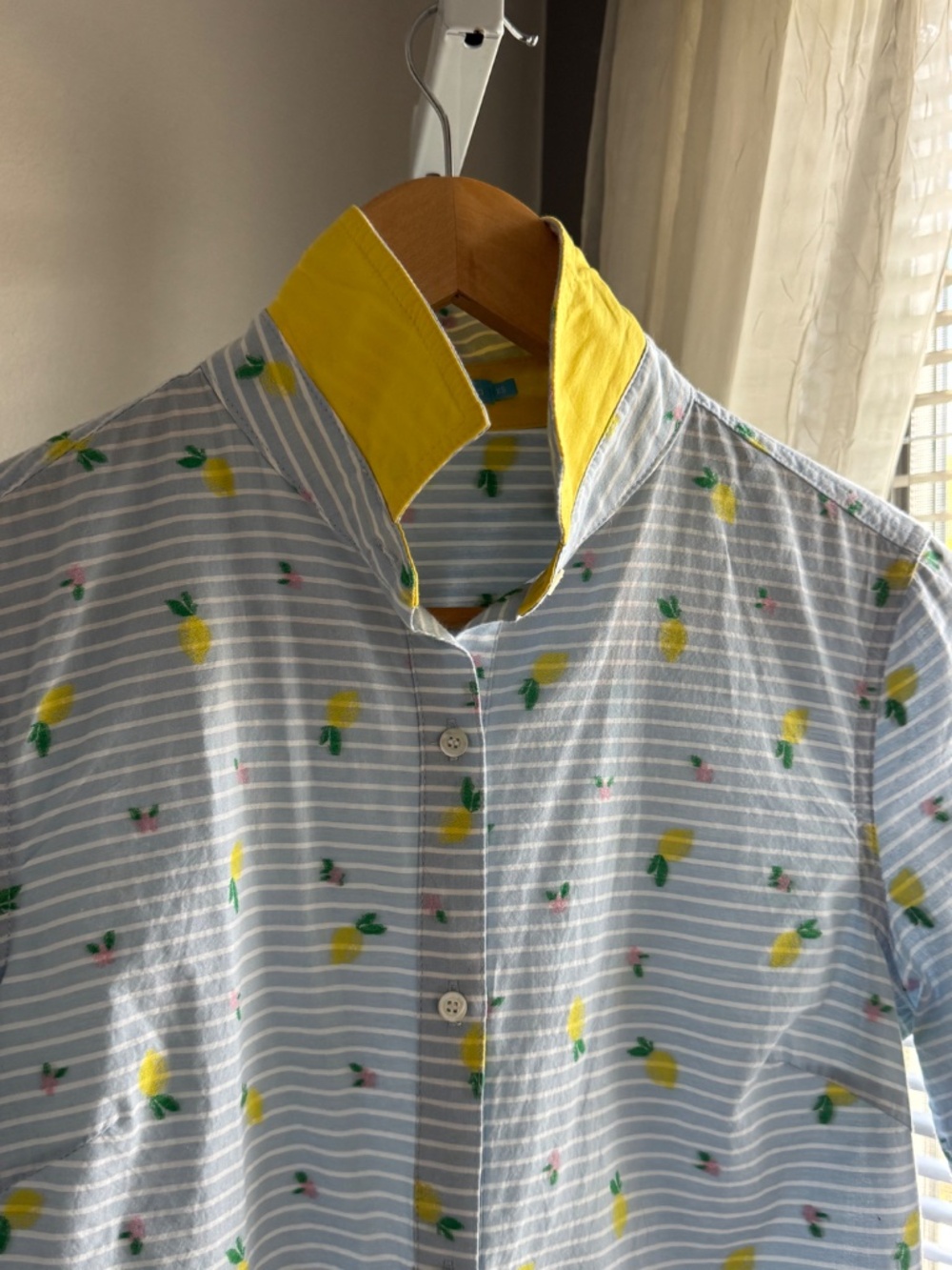 NEW J McLaughlin Lois Button Front Shirt Yellow Lemon Motif Blue White Stripe XS - Picture 6 of 14